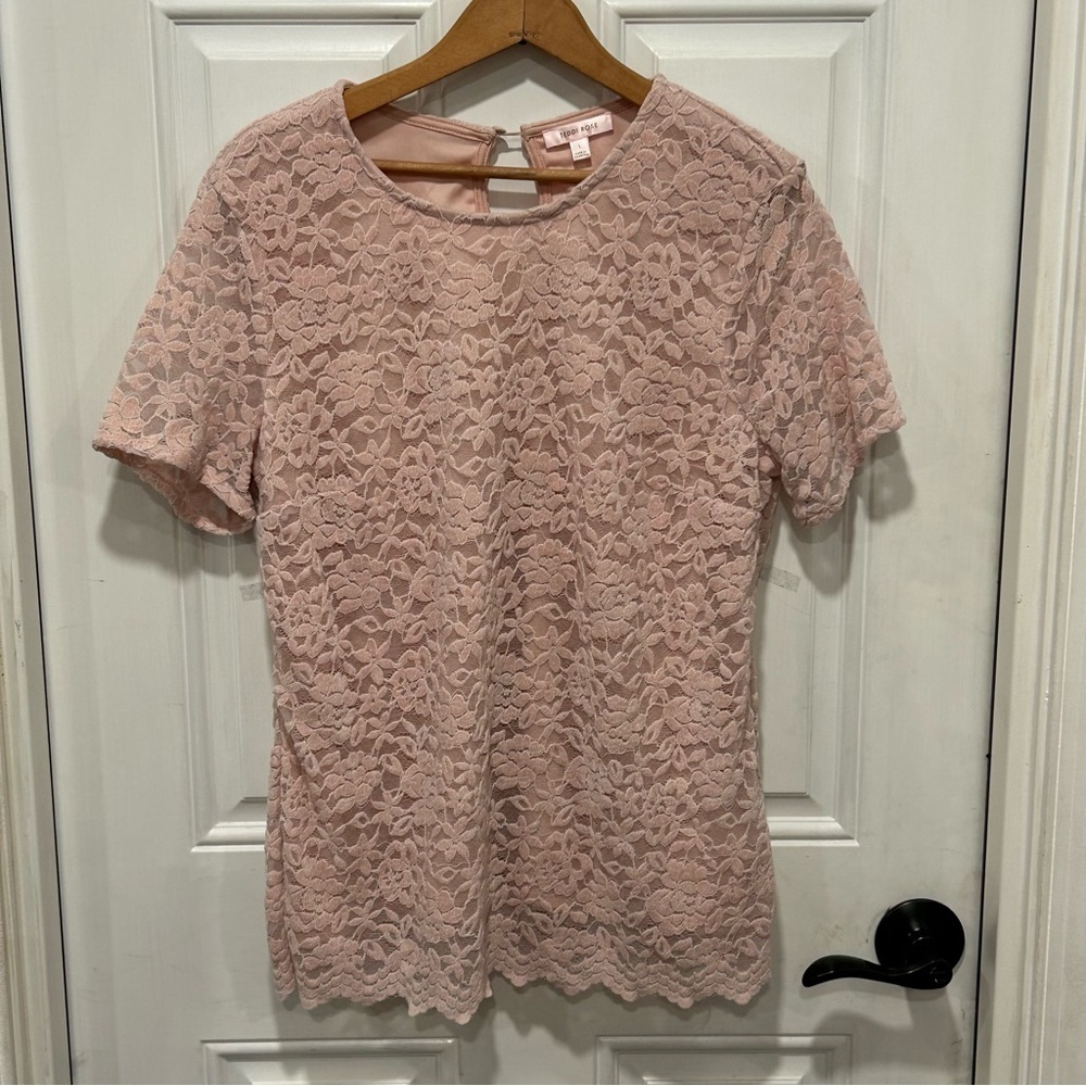 Women's Velvet Lace Keyhole Blouse, Lined, Pink, romantic, coquette, Size Large